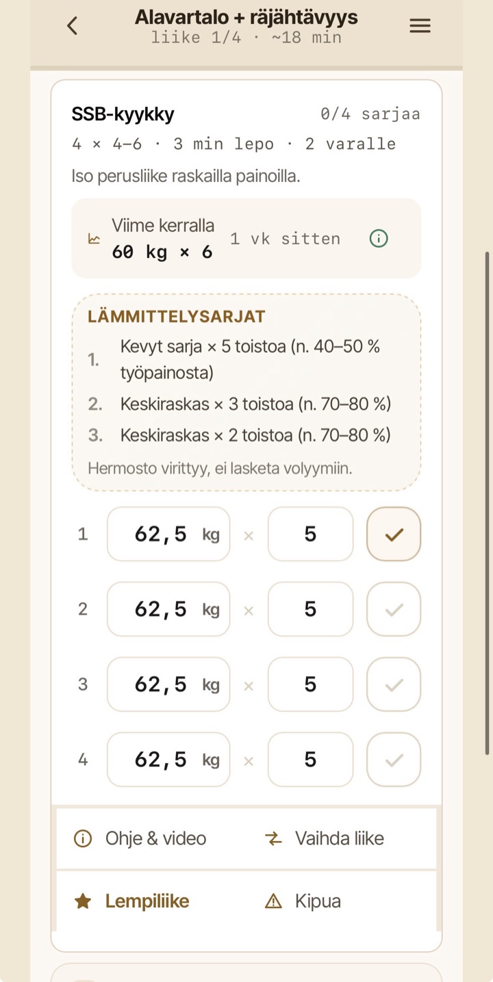 Treeni-ikkuna: sarjat, toistot ja painot