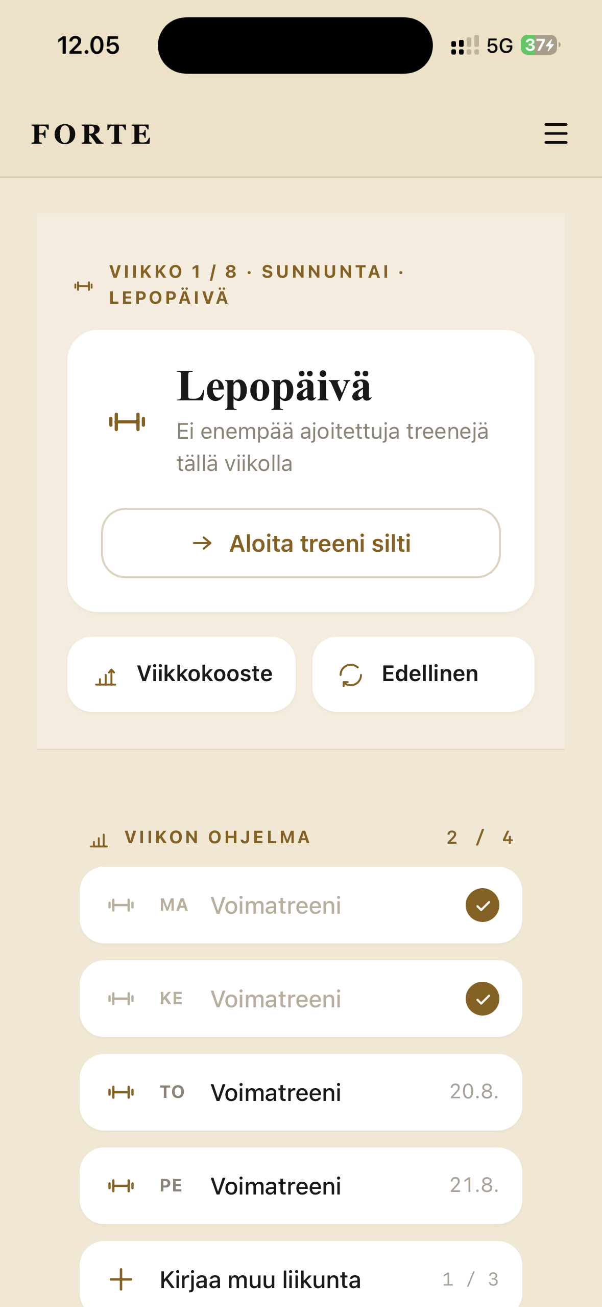 Forten ohjelmanäkymä, viikon treenit